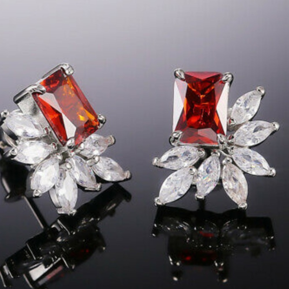 New Sterling silver diamond red stone earrings